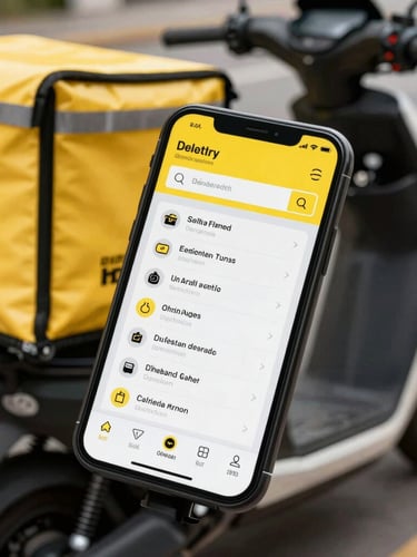 Dynamic high-contrast close-up of a smartphone screen showing a delivery dispatch dashboard, backdropped by a clean electric motorcycle, bright daylight, high-contrast yellow and black tones