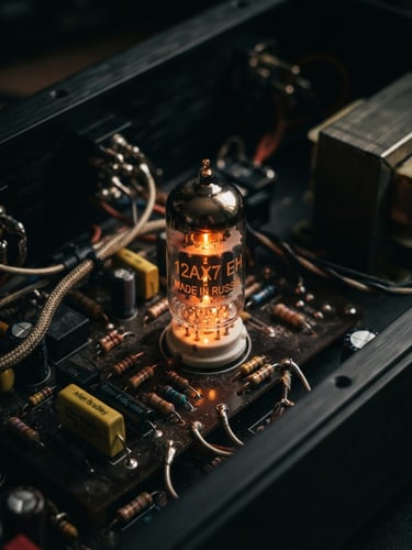 Macro photograph of a glowing warm orange vacuum tube inside a high-end analog compressor, dark studio background, low-key cinematic lighting, 50mm lens