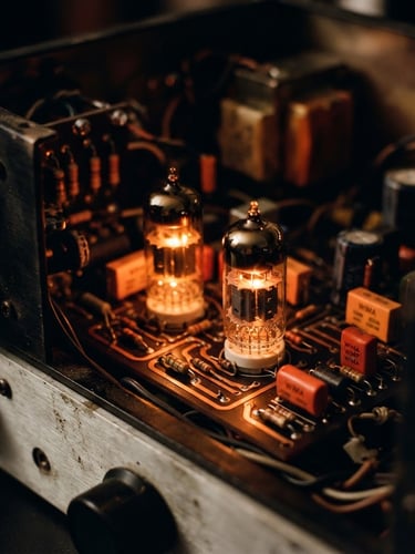 Macro photograph of warm orange glowing vacuum tubes inside a high-end analog compressor, low-key studio lighting, deep copper shadows, cinematic depth of field.
