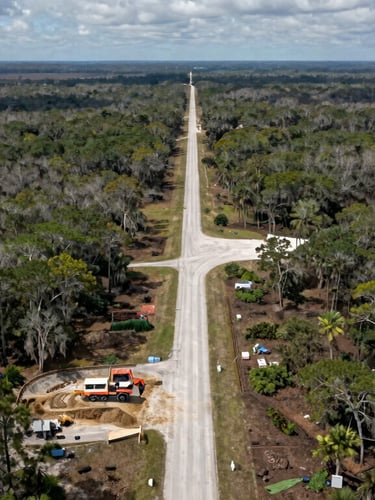 High-altitude aerial drone view of a developing corridor in Central Florida, transitioning from rural pine scrub to active grading, crisp overcast light.