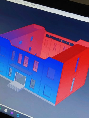 Capture d'écran technique d'une simulation photométrique DIALux en fausses couleurs, dégradés du bleu au rouge représentant l'intensité lumineuse sur un plan architectural 3D.