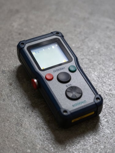 Vue rapprochée d'un luxmètre de précision mesurant l'éclairement sur une table de béton brut, éclairage rasant d'un faisceau LED blanc pur de 6000K, contrastes marqués