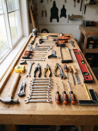 Tidy handyman tools laid out on a clean workbench, sharp professional photography, bright natural daylight, 35mm