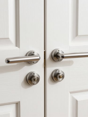 Close-up of a perfectly installed modern door handle and deadbolt on a clean wooden door, bright natural daylight, sharp professional photography, 35mm