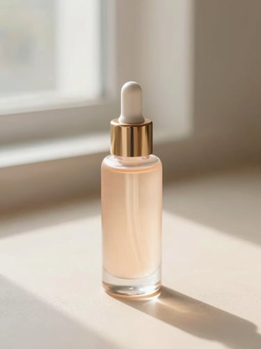 Close-up of an elegant glass serum bottle on a clean nude beige surface, soft morning window light, warm champagne gold highlights