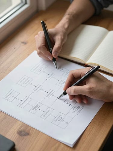 Close overhead shot of two hands annotating a printed process flowchart on a wooden desk, one hand holding a pen mid-mark, a ruled notebook open beside it, natural window light from the left casting soft even shadows, no faces visible