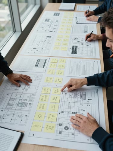 Wide environmental shot, left-side bleed: overhead view of a team working at a long table covered in printed process maps, sticky notes arranged in columns, and annotated documents — natural daylight from tall windows on the left, hands visible reaching across the table to point at a framework diagram, no faces visible, purposeful working atmosphere