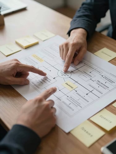 Overhead close-up of hands pointing at a printed process flow diagram spread across a conference table, sticky notes annotated with ownership labels visible at the edges, natural window light, purposeful and unposed