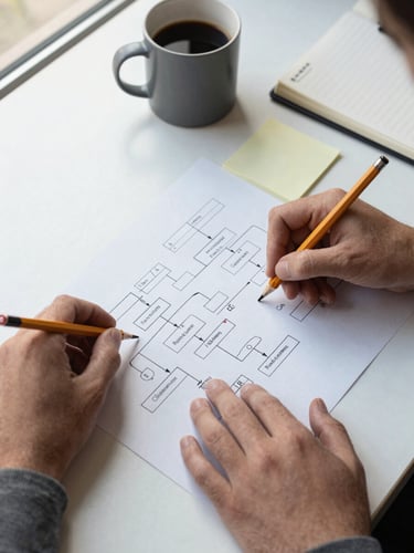 Close overhead shot of a work table under natural window light, two sets of hands annotating a printed process flowchart with pencil marks and sticky note flags, a coffee mug and open notebook visible at the edge of the frame