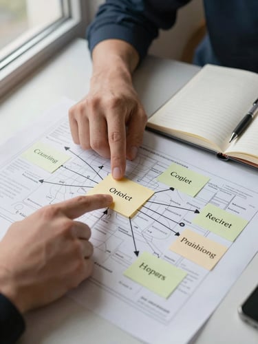 Close-up overhead shot of hands pointing at a printed process map spread across a desk, sticky notes marking specific steps, a pen resting on an open notebook beside it, natural window light from the left, purposeful and documentary in feel