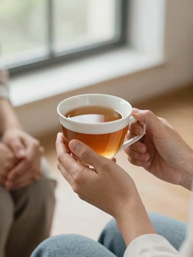Hands holding a warm cup of tea during a supportive counseling session, soft daylight from a window, peaceful atmosphere.