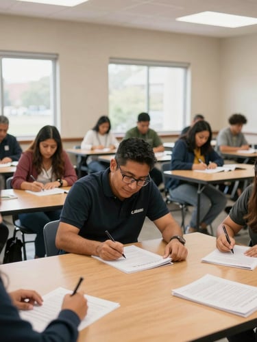 Portrait of a collaborative classroom learning session in Northampton, warm daylight, expressive Latino adult students working together with notebooks, realistic non-stock aesthetic.