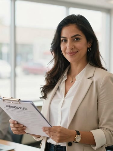 Warm daylight medium shot of a Latina business owner in Northampton standing inside her brightly lit local bakery, holding a physical business plan folder, smiling confidently, soft natural window light.