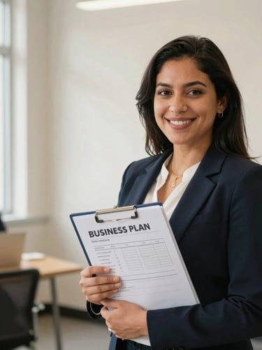 Warm daylight medium shot of a Latina business owner in Northampton standing inside her brightly lit local bakery, holding a physical business plan folder, smiling confidently, soft natural window light.