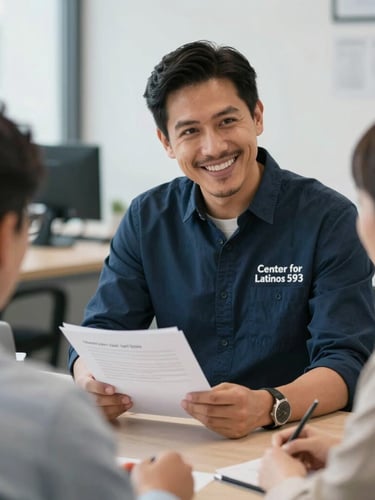 Smiling professional man from Center for Latinos 593 discussing a document with colleagues in an office.