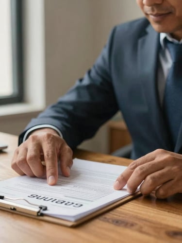 A close-up of a Latino business mentor pointing at a physical business plan document on a wooden table, warm natural light from a nearby window, expressive hands.