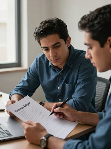 Two professional men collaborating in an office while reviewing a business document near a laptop.