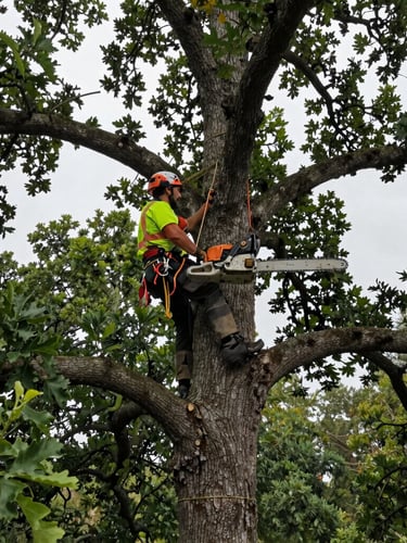 Low-angle shot of a certified arborist in high-visibility safety rigging operating a chainsaw in a mature oak tree, natural overcast daylight, 35mm
