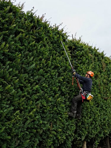 Side view of a professional arborist using long-reach hedge shears to trim a perfectly straight, dense boxwood hedge, crisp morning light, sharp geometric lines, 35mm.