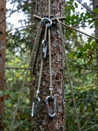 Close-up of high-tensile safety rigging ropes and steel carabiners attached to a thick tree trunk, professional arborist gear, natural daylight, sharp focus.