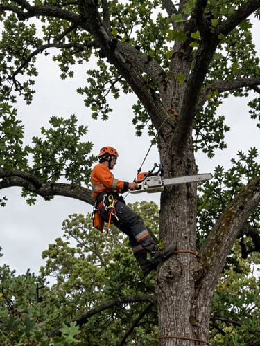 Low-angle shot of a professional arborist in high-visibility safety gear operating a chainsaw in a mature oak tree, natural overcast daylight, 35mm