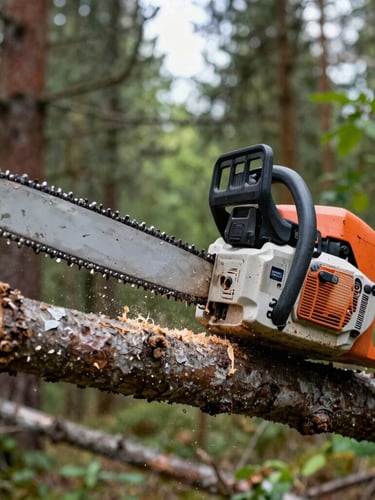 A sharp close-up of a chainsaw cut on a thick branch, with clean timber texture and sawdust, natural overcast daylight, 35mm