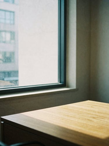 Architectural crop of a modern limestone private office window, soft morning light casting long shadows on a solid oak desk, minimalist, 35mm film.