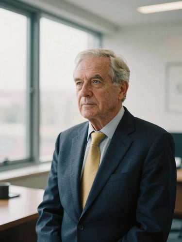 Thoughtful medium-close portrait of a senior financial advisor in a sunlit modern office, soft natural window light, muted navy and gold tones, shallow depth of field, 35mm