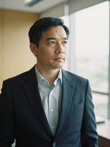 An editorial portrait of a thoughtful financial advisor in a modern office, editorial film photography, soft natural window light, muted navy and gold tones, shallow depth of field, 35mm.