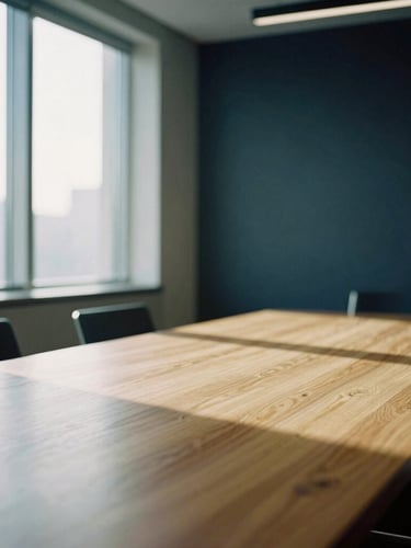 A quiet, sunlit modern executive boardroom with a large oak table, soft morning light filtering through high windows, minimal architectural lines, shallow depth of field, 35mm film style.