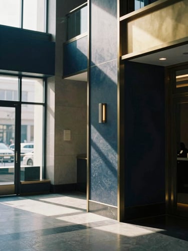 A quiet, sunlit architectural detail of a modern private bank lobby, soft shadows, warm gold accents, editorial film photography, soft natural window light, muted navy and gold tones, shallow depth of field, 35mm.
