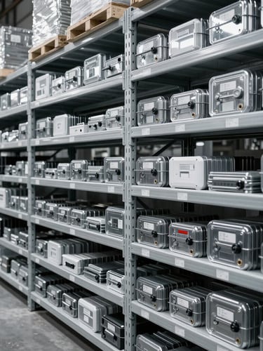 Wide-angle crisp industrial photography of neatly organized warehouse racks, high-contrast cool-toned lighting, endless rows of spec-grade hardware inventory