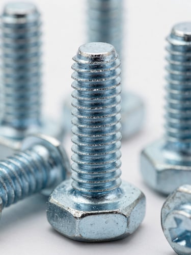 Macro detail shot of heavy-duty high-tensile steel fasteners and bolts, cool metallic tones, sharp technical focus, industrial warehouse setting