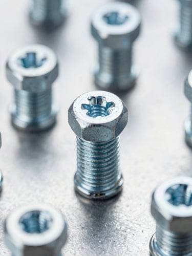 Macro detail shot of high-tensile steel fasteners and hardware on a clean industrial metal surface, crisp studio lighting, cool metallic tones
