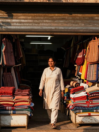 Medium shot of an authentic local boutique owner smiling outside her shop in Rajouri Garden, warm golden hour light, rich tones
