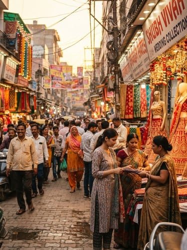 Vibrant street market in Tilak Nagar at golden hour, colorful bridal shopfronts with mannequins in traditional attire, active shoppers, warm ambient light, 35mm lens.
