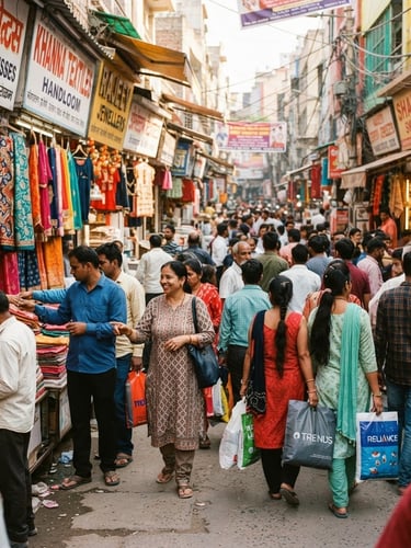 Vibrant street photography of Rajouri Garden's main market lanes, bright natural daylight, bustling shoppers, colorful shopfronts, 35mm lens