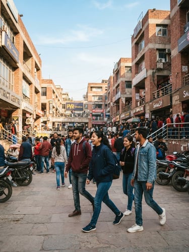 Vibrant street photography of Janakpuri District Centre, modern brick buildings, bright natural daylight, local Delhi students walking, warm tones, 35mm lens.