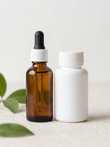Clean product mockup of a dark amber glass dropper bottle and a white capsule bottle side by side on a light stone surface, herbal green leaves, soft shadows
