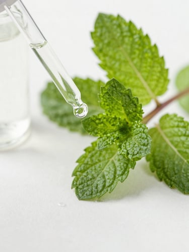 Macro shot of fresh botanical mint leaves and a clean glass dropper bottle, bright diffused natural daylight, shallow depth of field
