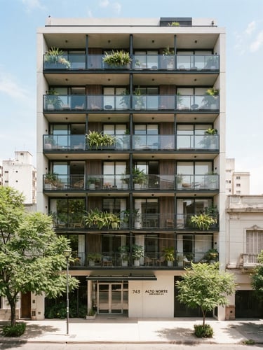Bright modern residential building facade in Barrio Norte, Tucumán, clean architecture, natural daylight, 35mm