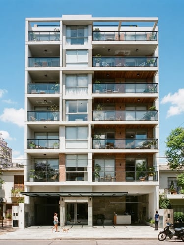 Modern residential apartment building facade in Barrio Norte, San Miguel de Tucumán, bright natural daylight, clean architectural lines, realistic photography, 35mm