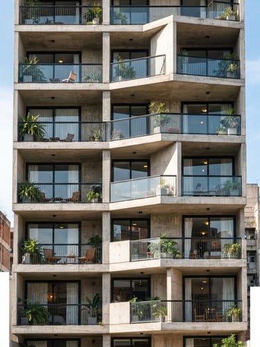Modern residential building facade in Barrio Norte, Tucumán, clean concrete lines, bright natural daylight, vertical architectural crop, 35mm