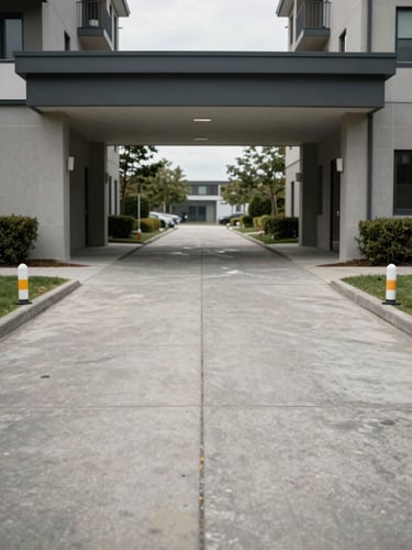 Wide documentary view of a horizontal condominium main entrance pathway, concrete paving stones stretching into middle distance, low boundary markers visible on both sides, overcast natural daylight, no people, shot from pedestrian eye level showing spatial scale and lot demarcation