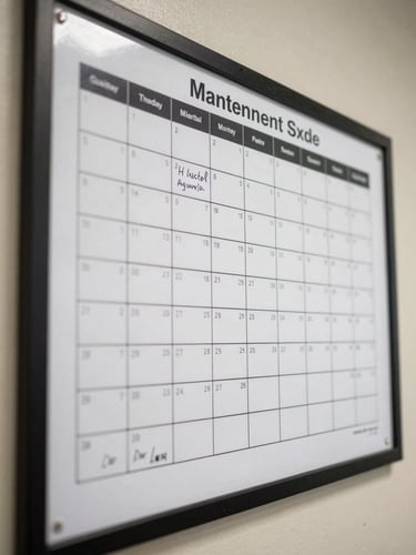 Close-up documentary photograph of a maintenance schedule board posted on a wall at a condominium administration office, printed calendar grid with handwritten annotations visible, practical indoor lighting, no people