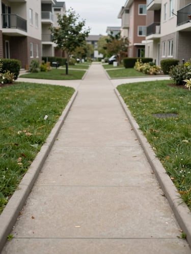 Documentary wide shot of a residential condominium shared green pathway, low concrete curbing delineating the walkway from maintained grass, overcast daylight, no people, showing spatial depth and land boundary markers in the background