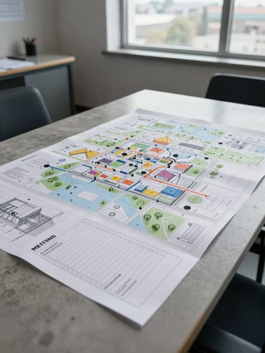 Wide shot of a physical planning map and printed meeting agenda laid flat on a concrete table in an administrative room, natural overcast daylight from a side window, architectural drawings visible at the edges, no people