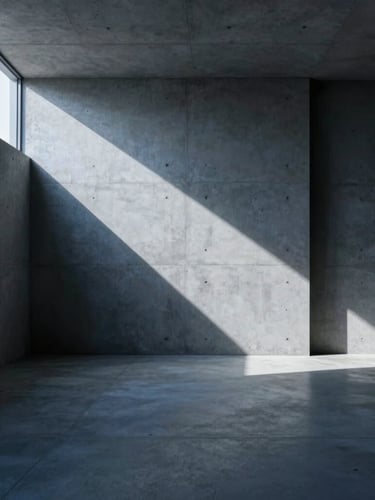 Wide-angle architectural view of a minimalist concrete design studio, sharp geometric shadows, cool blue and charcoal ambient lighting, high contrast