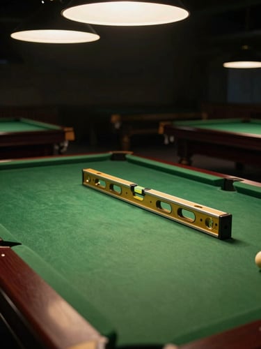 Dramatic portrait shot of a heavy slate billiard table frame being calibrated with a precision spirit level under warm overhead lighting, moody clubhouse atmosphere