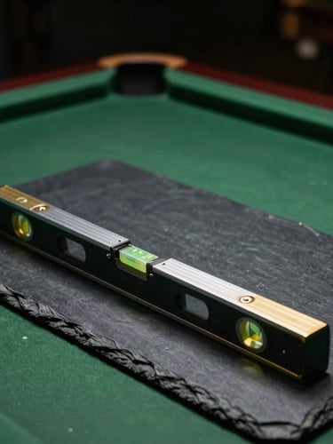Macro photograph of a heavy slate billiard table frame during installation, precision levels placed on the smooth dark slate, dramatic low-key overhead lighting, rich forest green accents in background, 35mm